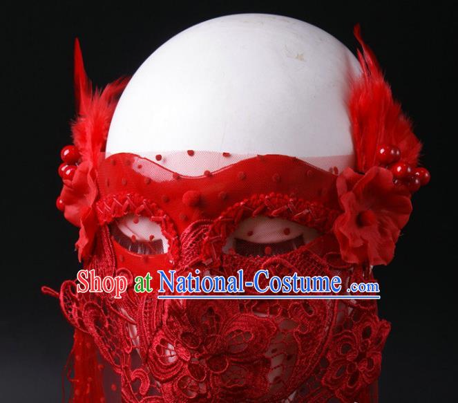 Handmade Stage Performance Blinder Headpiece Halloween Cosplay Party Lace Mask Carnival Red Feather Face Mask