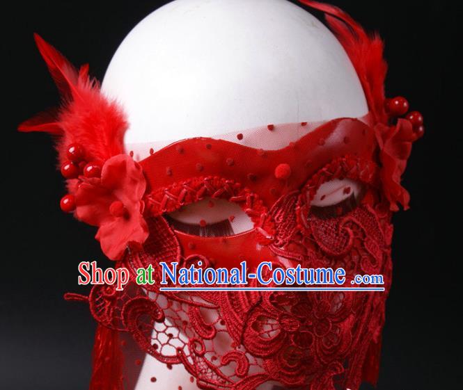 Handmade Stage Performance Blinder Headpiece Halloween Cosplay Party Lace Mask Carnival Red Feather Face Mask