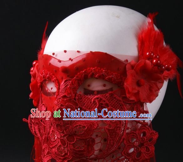 Handmade Stage Performance Blinder Headpiece Halloween Cosplay Party Lace Mask Carnival Red Feather Face Mask