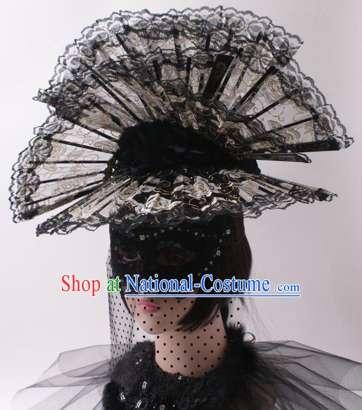 China Giant Hair Accessories Stage Show Headdress Catwalks Black Lace Fans Hair Crown