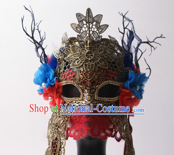 Handmade Stage Performance Blinder Headpiece Halloween Cosplay Party Red Lace Mask Carnival Flower Branch Full Face Mask