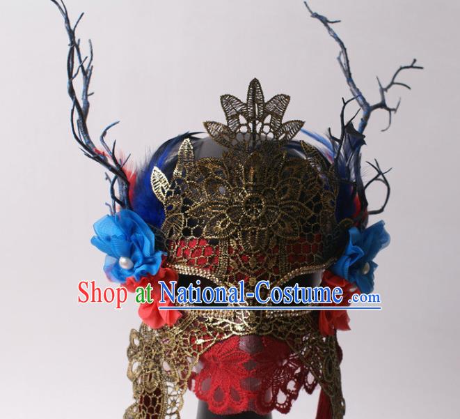 Handmade Stage Performance Blinder Headpiece Halloween Cosplay Party Red Lace Mask Carnival Flower Branch Full Face Mask