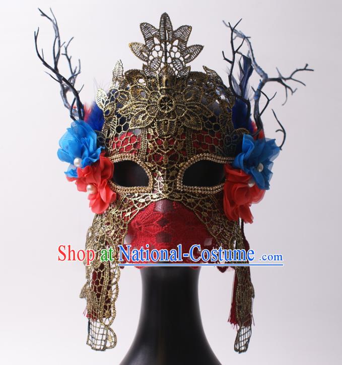 Handmade Stage Performance Blinder Headpiece Halloween Cosplay Party Red Lace Mask Carnival Flower Branch Full Face Mask