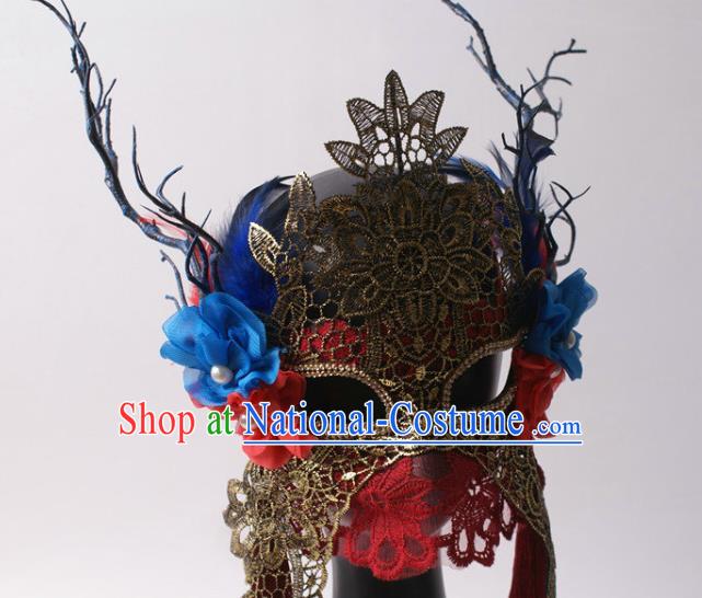 Handmade Stage Performance Blinder Headpiece Halloween Cosplay Party Red Lace Mask Carnival Flower Branch Full Face Mask