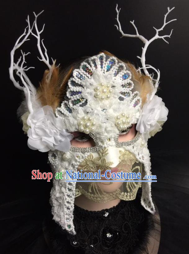 Handmade Carnival Flower Branch Full Face Mask Stage Performance Blinder Headpiece Halloween Cosplay Party Pearls Lace Mask