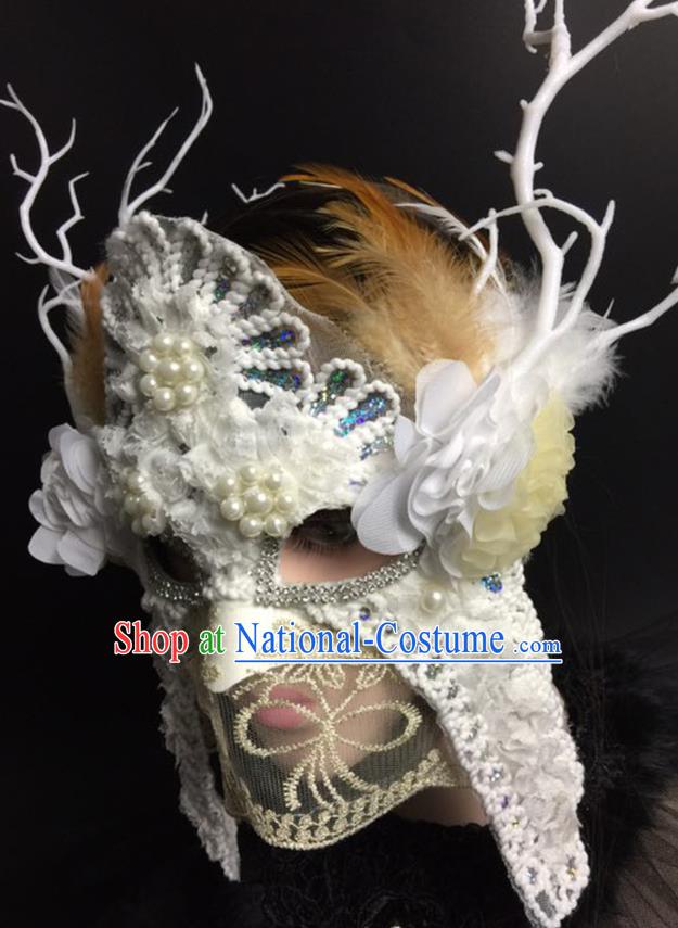 Handmade Carnival Flower Branch Full Face Mask Stage Performance Blinder Headpiece Halloween Cosplay Party Pearls Lace Mask