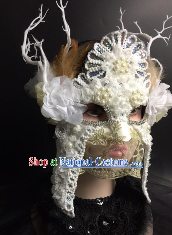 Handmade Carnival Flower Branch Full Face Mask Stage Performance Blinder Headpiece Halloween Cosplay Party Pearls Lace Mask