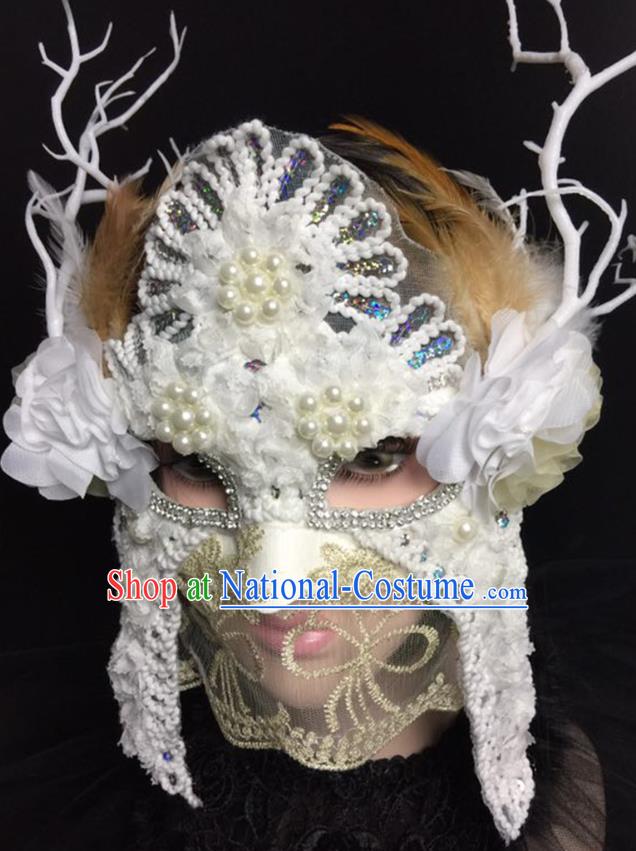 Handmade Carnival Flower Branch Full Face Mask Stage Performance Blinder Headpiece Halloween Cosplay Party Pearls Lace Mask