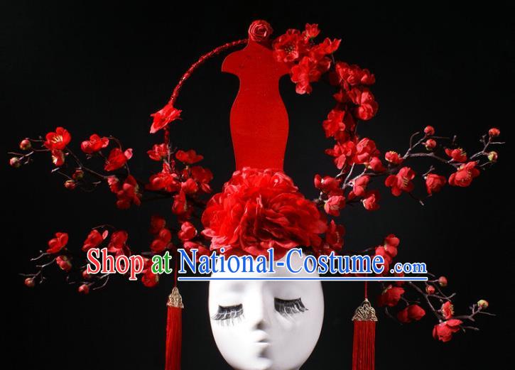 China Catwalks Red Qipao Dress Hair Crown Giant Hair Accessories Stage Show Headdress