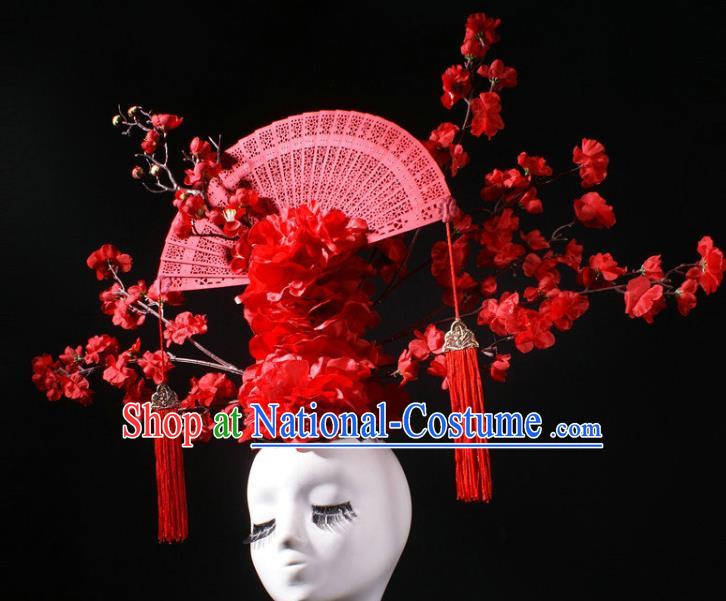 China Stage Show Headdress Catwalks Red Peony Plum Fan Hair Crown Giant Hair Accessories