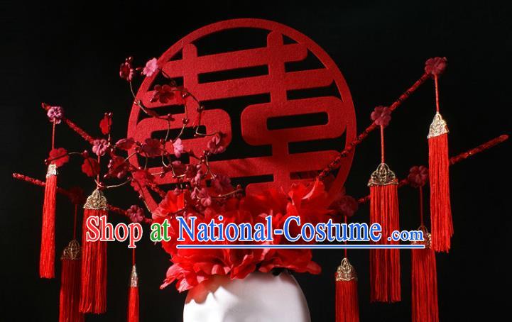 China Catwalks Red Tassel Hair Crown Traditional Wedding Giant Hair Accessories Stage Show Headdress