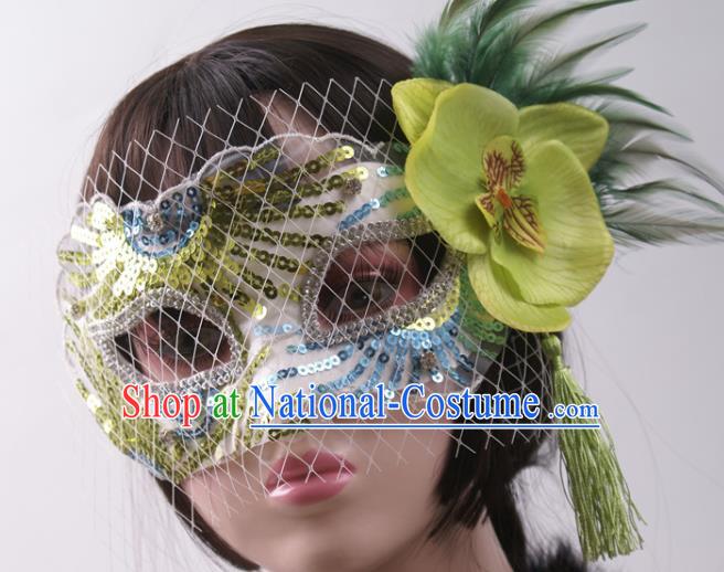 Cosplay Party Sequins Mask Handmade Deluxe Green Feather Face Mask Halloween Stage Performance Blinder Headpiece