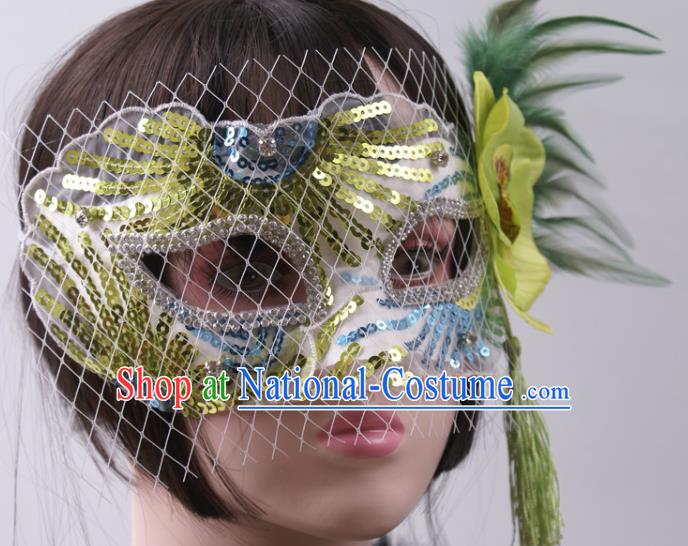 Cosplay Party Sequins Mask Handmade Deluxe Green Feather Face Mask Halloween Stage Performance Blinder Headpiece