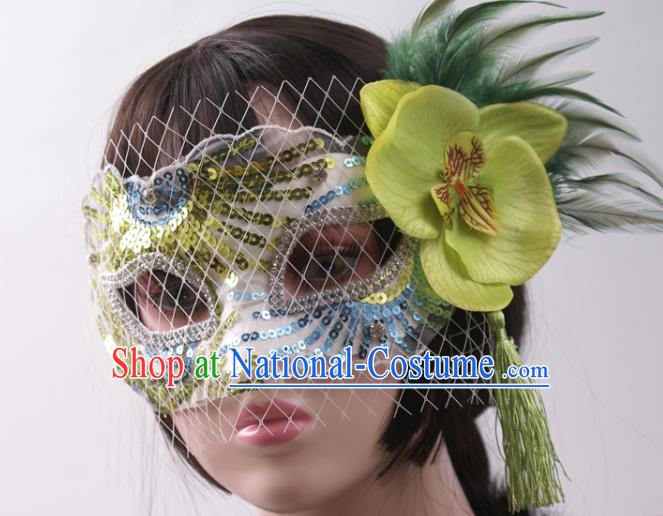 Cosplay Party Sequins Mask Handmade Deluxe Green Feather Face Mask Halloween Stage Performance Blinder Headpiece