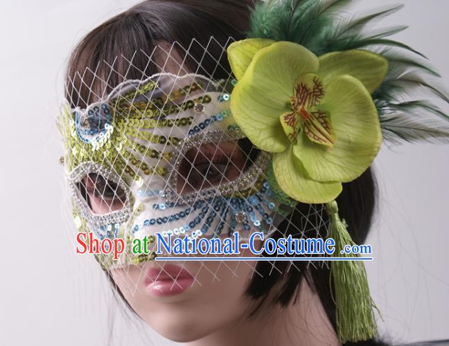 Cosplay Party Sequins Mask Handmade Deluxe Green Feather Face Mask Halloween Stage Performance Blinder Headpiece