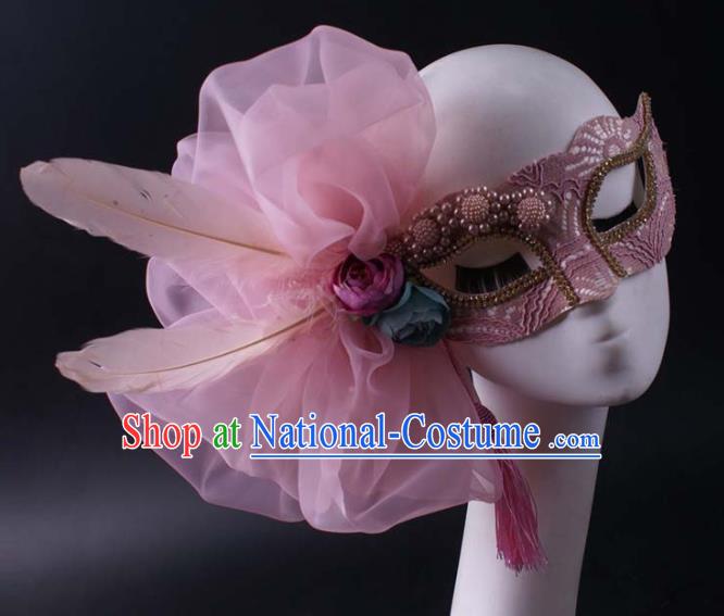 Handmade Carnival Veil Face Mask Stage Performance Blinder Headpiece Halloween Cosplay Party Pink Feather Mask