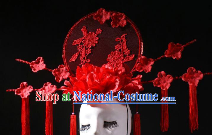 China Stage Show Moon Headdress Catwalks Red Peony Tassel Hair Crown Traditional Wedding Giant Hair Accessories