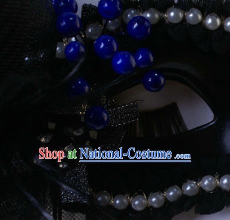 Handmade Carnival Pearls Face Mask Stage Performance Blinder Headpiece Halloween Cosplay Party Black Feather Veil Mask