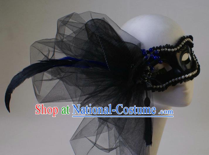 Handmade Carnival Pearls Face Mask Stage Performance Blinder Headpiece Halloween Cosplay Party Black Feather Veil Mask