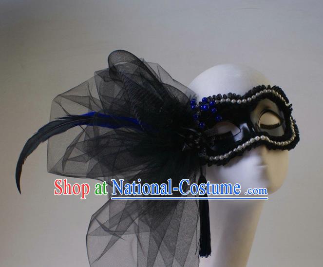 Handmade Carnival Pearls Face Mask Stage Performance Blinder Headpiece Halloween Cosplay Party Black Feather Veil Mask