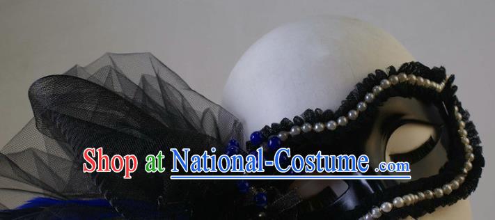 Handmade Carnival Pearls Face Mask Stage Performance Blinder Headpiece Halloween Cosplay Party Black Feather Veil Mask