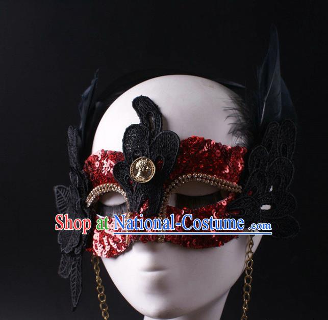 Handmade Halloween Cosplay Party Red Sequins Mask Carnival Black Feather Face Mask Stage Performance Blinder Headpiece