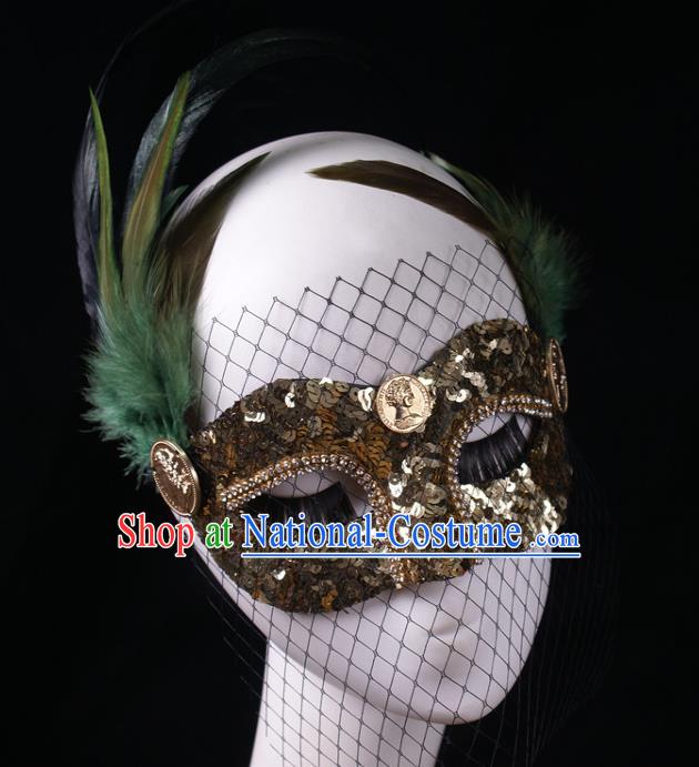 Handmade Stage Performance Blinder Headpiece Halloween Cosplay Party Golden Sequins Mask Carnival Green Feather Face Mask