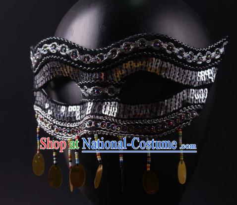 Professional Stage Performance Grey Sequins Face Mask Rio Carnival Headwear Halloween Party Male Cosplay Mask