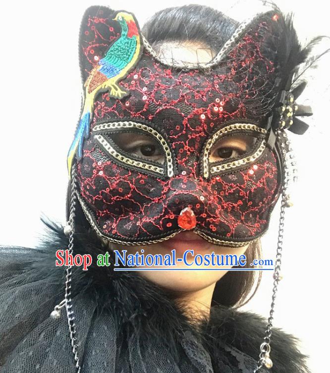 Handmade Stage Performance Headpiece Halloween Cosplay Party Black Lace Cat Mask Carnival Embroidered Bird Face Mask