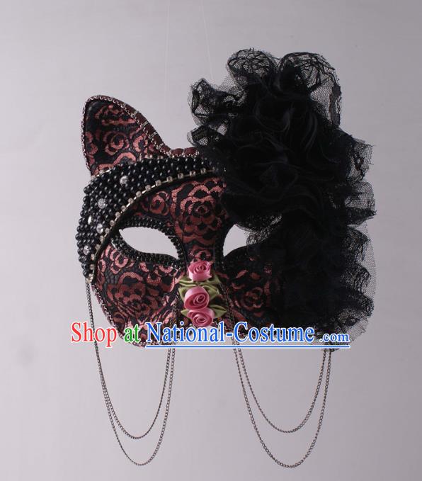 Handmade Carnival Black Lace Flowers Face Mask Stage Performance Headpiece Halloween Cosplay Party Leopard Cat Mask