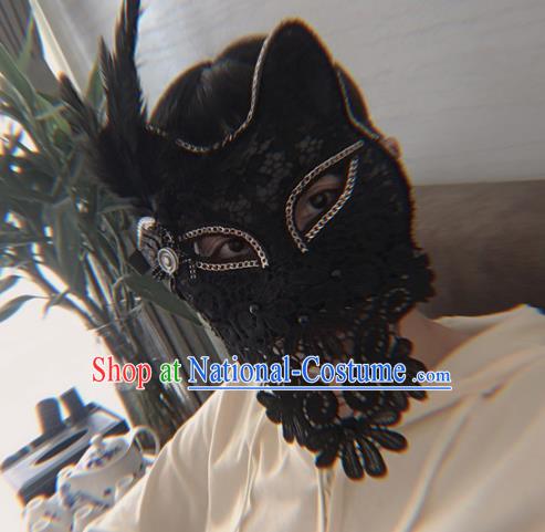 Handmade Halloween Cosplay Party Black Lace Cat Mask Carnival Feather Face Mask Stage Performance Headpiece