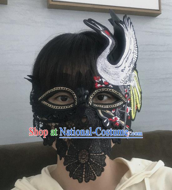 Handmade Stage Show Headpiece Halloween Cosplay Party Black Lace Mask Carnival Embroidered Crane Face Mask