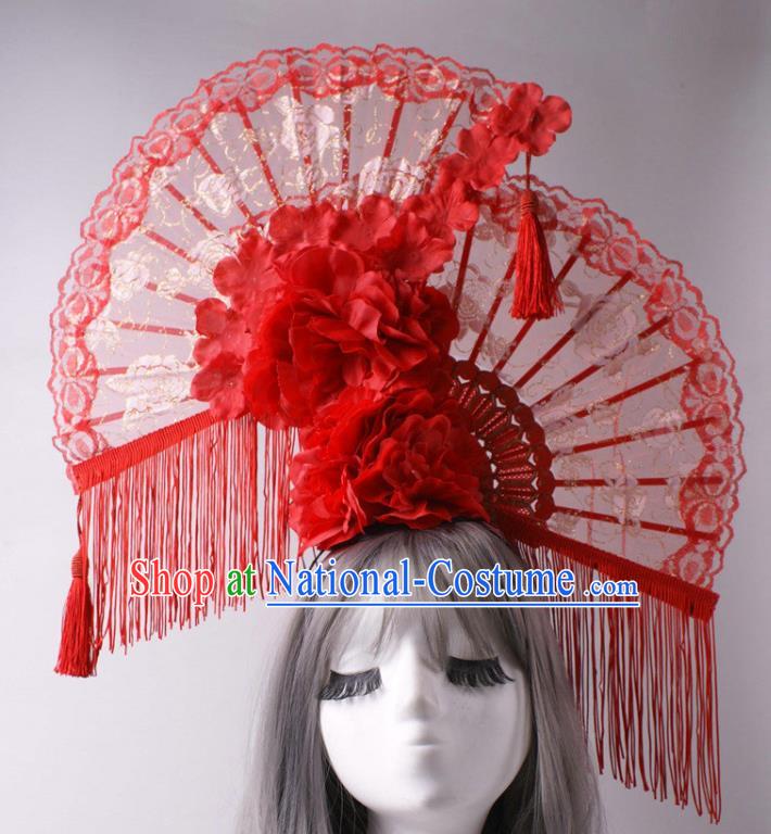 China Stage Show Red Lace Fan Headdress Catwalks Peony Tassel Hair Crown Traditional Wedding Giant Hair Accessories