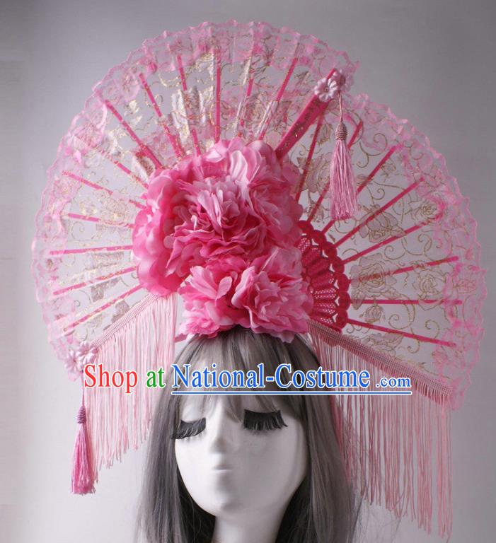 China Traditional Wedding Giant Hair Accessories Stage Show Lace Fan Headdress Catwalks Pink Peony Tassel Hair Crown