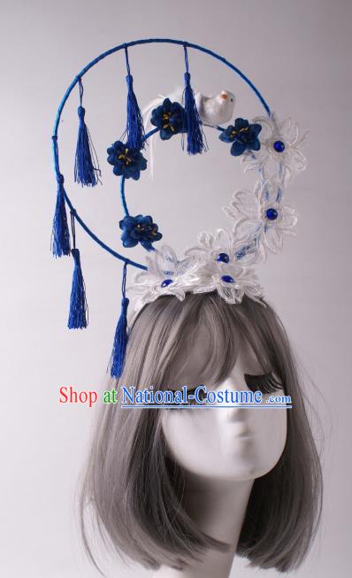 China Catwalks Blue Tassel Hair Crown Traditional Giant Hair Accessories Stage Show Lace Flowers Headdress