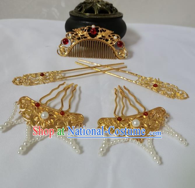 China Tang Dynasty Empress Hairpin Traditional Hanfu Hair Accessories Ancient Queen Golden Tassel Hair Combs Full Set