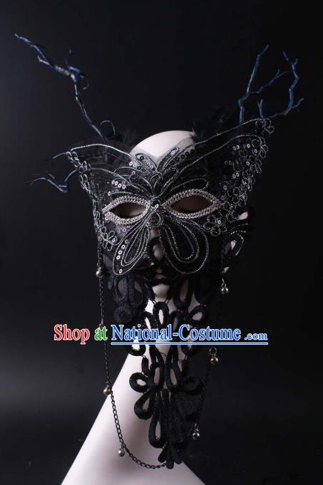 Handmade Stage Performance Blinder Headpiece Halloween Cosplay Party Mask Carnival Black Lace Butterfly Face Mask