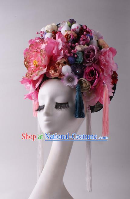 Top Stage Show Hair Crown Baroque Giant Headdress Rio Carnival Decorations Halloween Cosplay Silk Flowers Hat