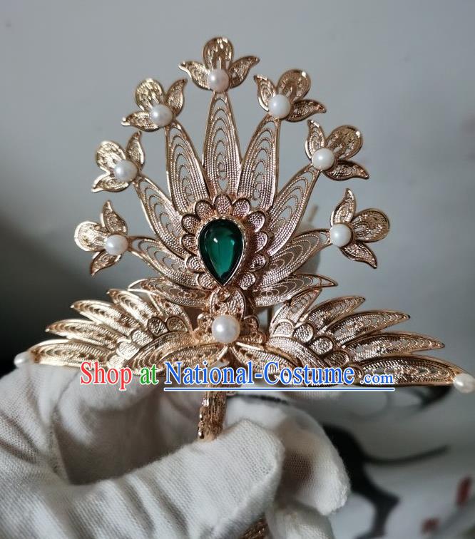 China Ancient Court Woman Hair Accessories Ming Dynasty Empress Golden Phoenix Hair Crown Traditional Hanfu Hairpin