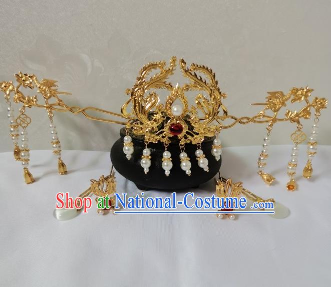 China Ancient Princess Golden Phoenix Hair Crown Ming Dynasty Palace Lady Hairpins Traditional Hanfu Hair Accessories Full Set