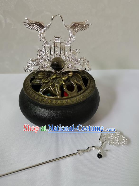 Chinese Traditional Tang Dynasty Scholar Argent Crane Hair Crown and Hairpin Ancient Prince Headwear