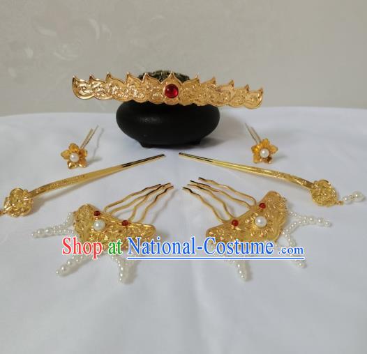 China Ancient Empress Golden Lotus Hair Crown Tang Dynasty Court Woman Hairpins Traditional Hanfu Hair Accessories