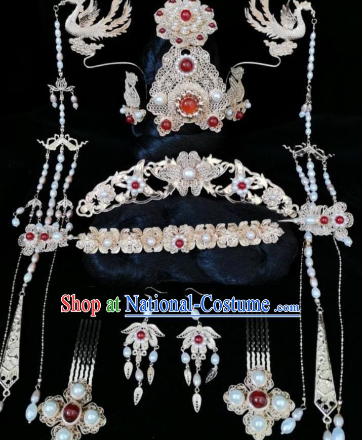 China Traditional Hanfu Pearls Hair Accessories Ancient Empress Hair Crown Ming Dynasty Phoenix Tassel Hairpins Complete Set