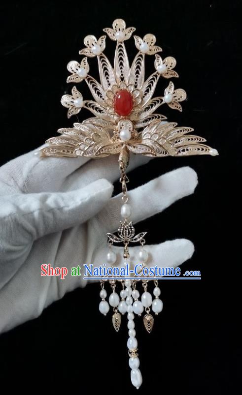 China Traditional Hanfu Tassel Hairpin Ancient Court Woman Hair Accessories Ming Dynasty Empress Golden Phoenix Hair Crown