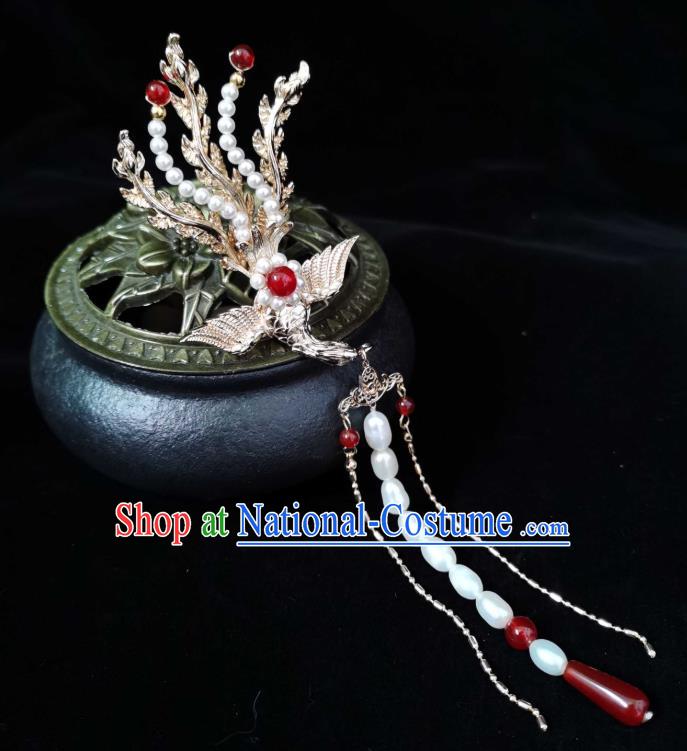 China Tang Dynasty Princess Golden Phoenix Tassel Hair Stick Traditional Hanfu Hair Accessories Ancient Palace Lady Hairpin