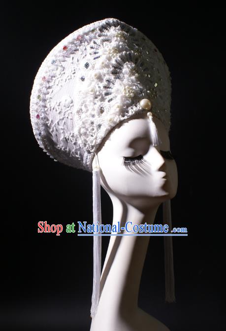 Top Rio Carnival Decorations Halloween Cosplay Queen White Pearls Hat Stage Show Royal Crown Baroque Giant Headdress