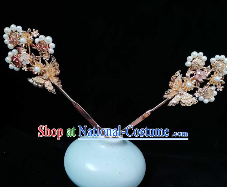 China Ancient Palace Lady Pearls Hairpin Ming Dynasty Princess Golden Butterfly Hair Stick Traditional Hanfu Headwear