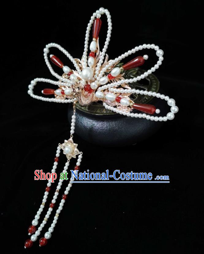 China Traditional Hanfu Headwear Ancient Queen Tassel Hairpin Ming Dynasty Empress Pearls Phoenix Hair Crown