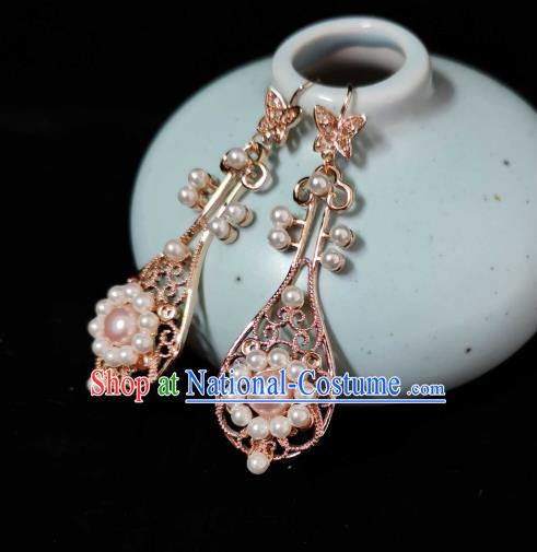 Handmade Chinese Tang Dynasty Princess Golden Lute Ear Accessories Traditional Ancient Palace Lady Earrings