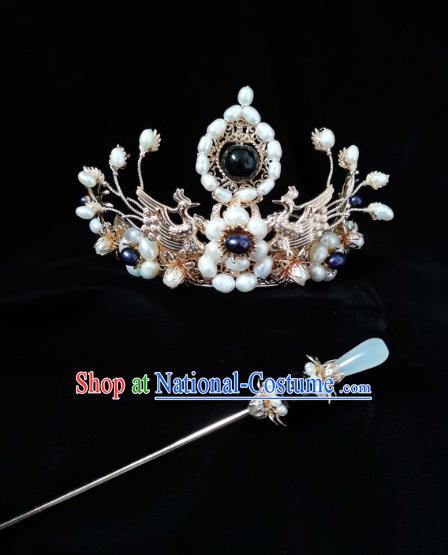 China Traditional Ancient Queen Hanfu Headwear Tang Dynasty Empress Golden Phoenix Hair Crown and Hairpin